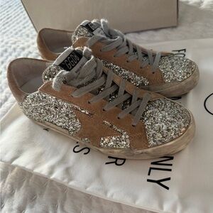 Golden Goose Silver Glitter and Tan Sneakers